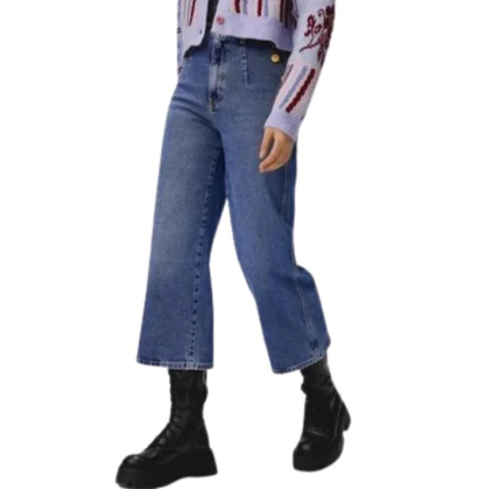 Zara Womens 8 Cropped Wide Leg Button Jeans